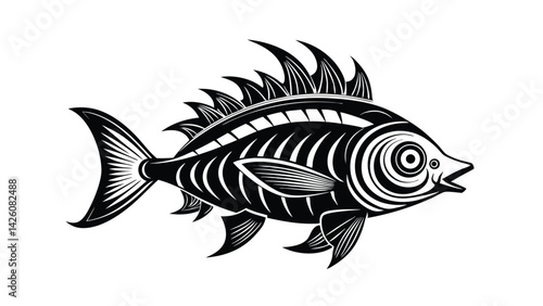 stylized fish line art black and white drawing