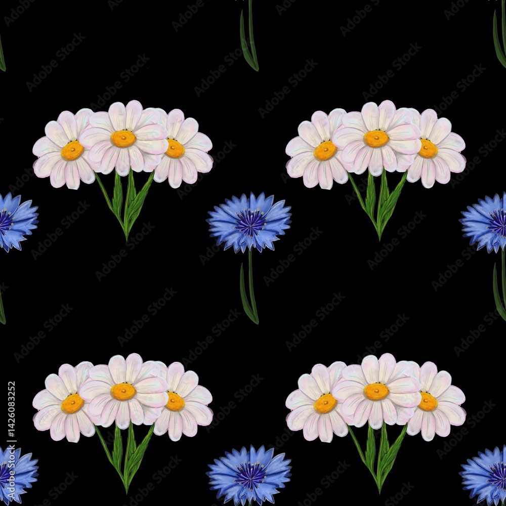 A seamless pattern featuring white daisies with yellow centers and blue cornflowers on a black background. The floral arrangement is vibrant and eye-catching, perfect for fabric or wallpaper designs. A seamless pattern featuring white daisies with yellow centers and blue cornflowers on a black background. The floral arrangement is vibrant and eye-catching, perfect for fabric or wallpaper designs.