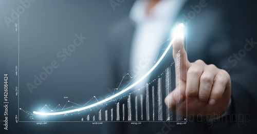 A stunning https://s.mj.run/kYv4QdmzV6c Businessman touching growth graph arrow going up, rising line with upward trend on virtual screen background. Business person pointing at curved.