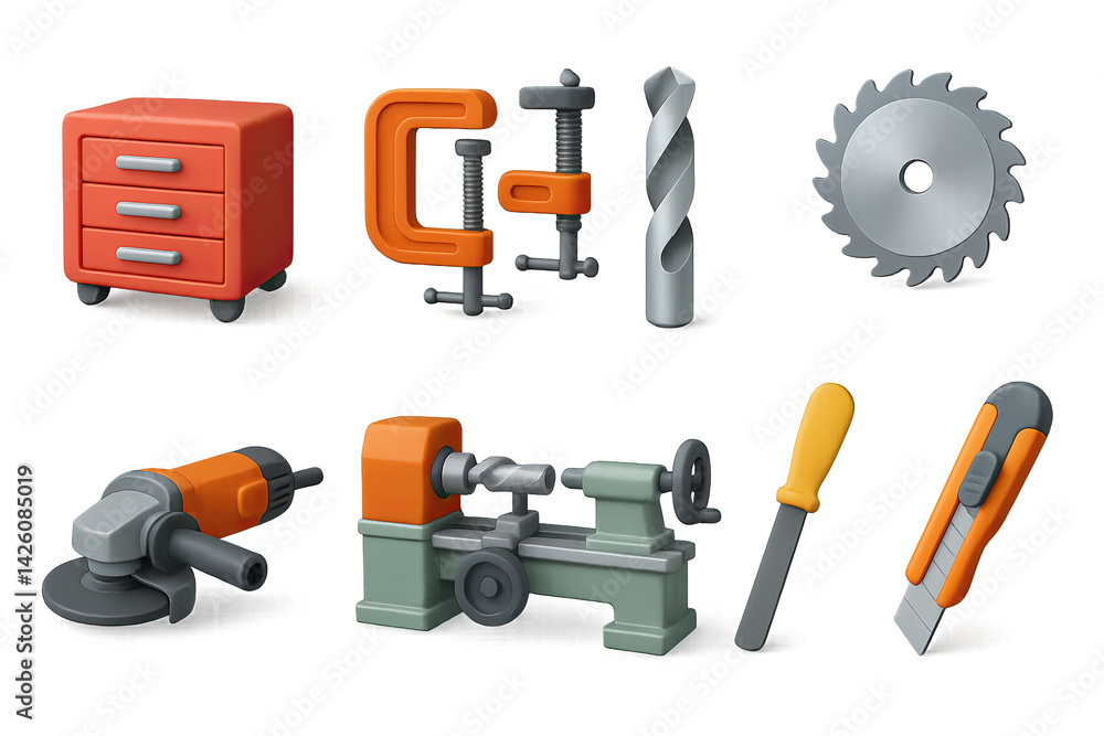 Workshop tools icon set – 3d style industrial and diy symbols for crafting and repair projects: tool chest, clamp, drill bit, saw blade, angle grinder, lathe, screwdriver, utility knife Workshop tools icon set – 3d style industrial and diy symbols for crafting and repair projects: tool chest, clamp, drill bit, saw blade, angle grinder, lathe, screwdriver, utility knife