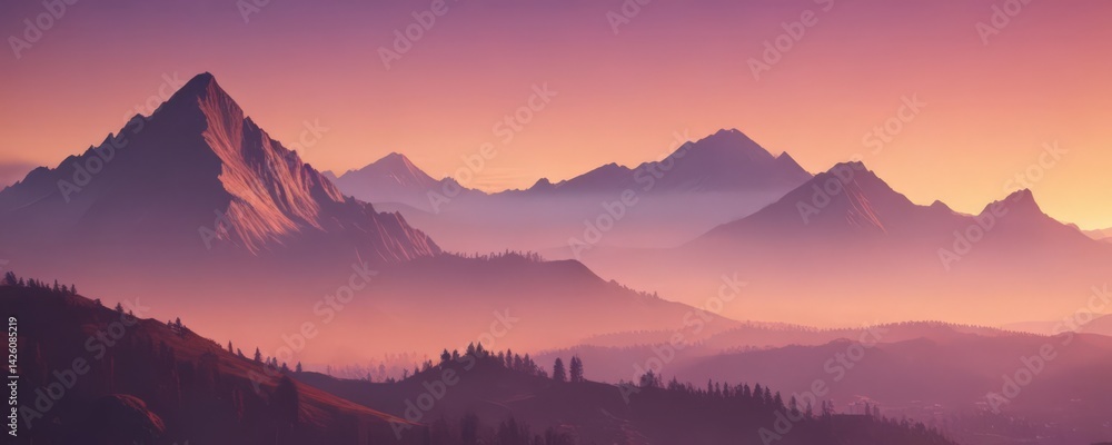 Obraz premium Misty mountains bathed in ombre sunset, vibrant gradient sky, gradient, ombre, atmospheric
