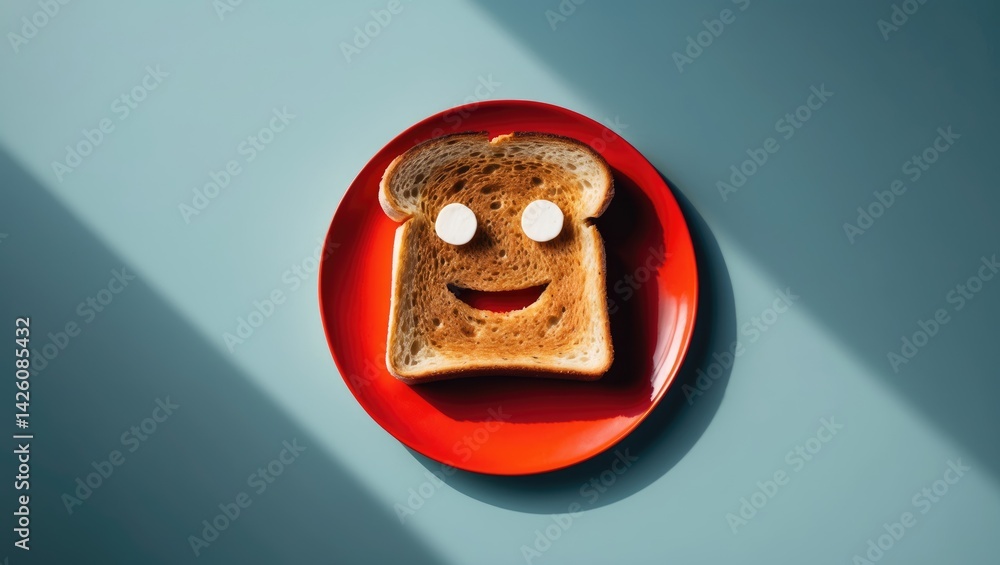 Happy face bread toast on plate with background, top view Happy face bread toast on plate with background, top view
