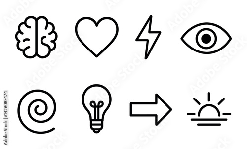 Minimalist linear icon set: brain, heart, lightning, eye, spiral, bulb, arrow, sunrise