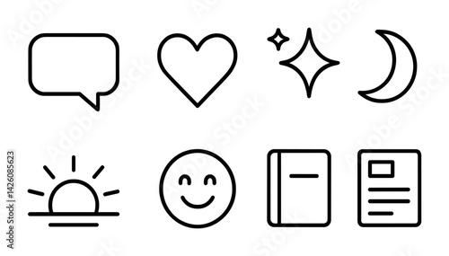 Minimalist line art icon set: moon, sun, heart, chat, smile, star, book, document
