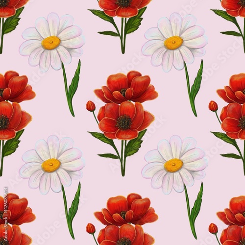 Wallpaper Mural A seamless pattern featuring vibrant red poppies and white daisies on a soft pink background. The flowers are illustrated with detailed petals and green leaves, creating a cheerful and fresh design. Torontodigital.ca