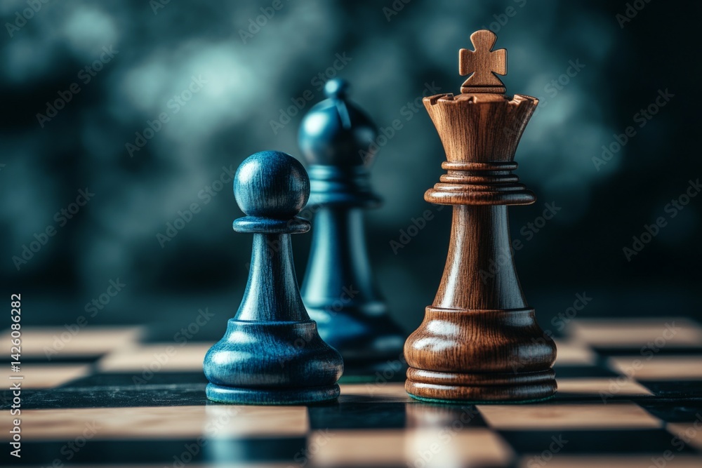 Intense chess match with black and brown pieces on a wooden board during a strategic move Intense chess match with black and brown pieces on a wooden board during a strategic move