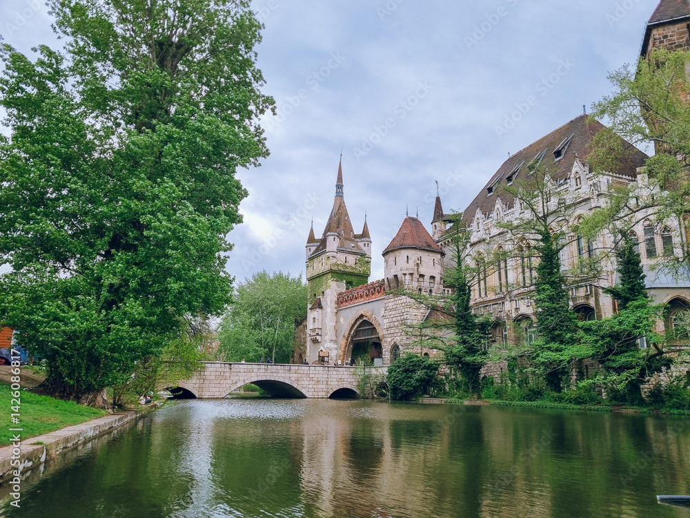 Fototapeta premium Lake view to the Vajdahunyad Castle, Medieval castle in Budapest, Hungary
