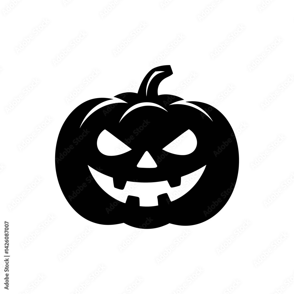 A bold, black silhouette of a jack-o'-lantern features a sinister grin and slightly narrowed eyes, set A bold, black silhouette of a jack-o'-lantern features a sinister grin and slightly narrowed eyes, set