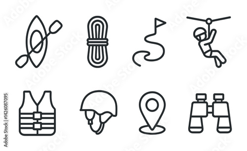 Outdoor adventure linear icons set — kayaking, climbing, hiking, ziplining, and more