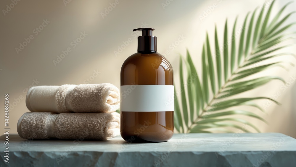 Recyclable plastic pump bottle featuring a blank label for skincare mock-up with minimalist design. Recyclable plastic pump bottle featuring a blank label for skincare mock-up with minimalist design.