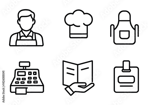 Hospitality and culinary line icons set: chef, apron, cash register, menu, badge
