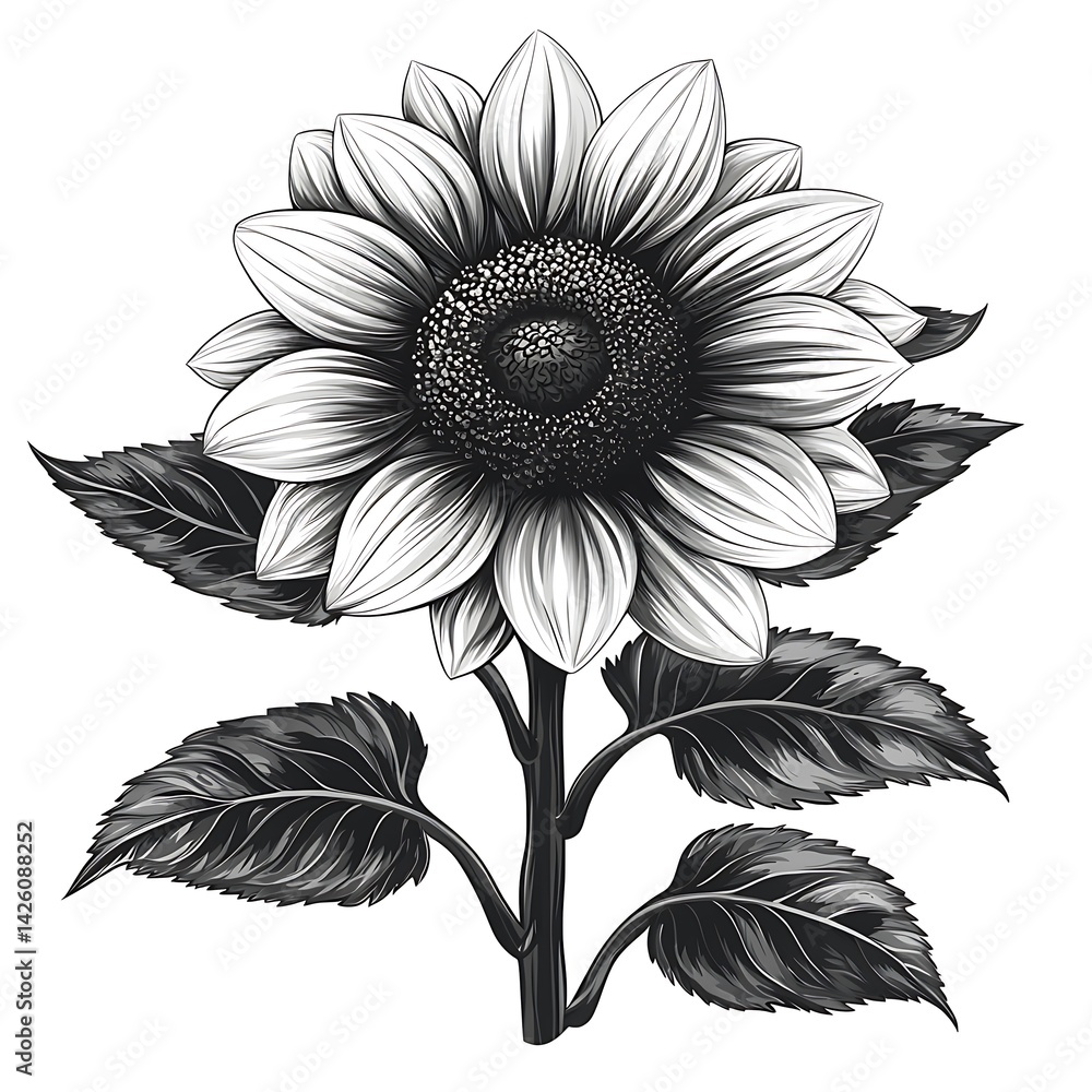 Fototapeta premium Artistic sunflower bloom in engraved lines high resolution picture
