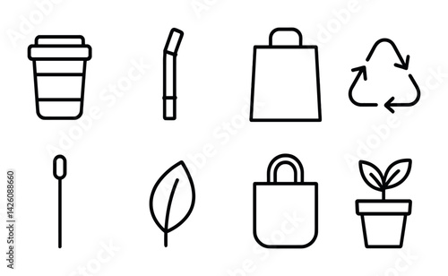 Eco-friendly icons set: linear style - recycling, reusable cup, bag, plant
