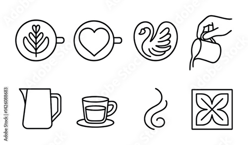 Minimalist coffee art icons set: latte, heart, swan, milk pouring, patterns