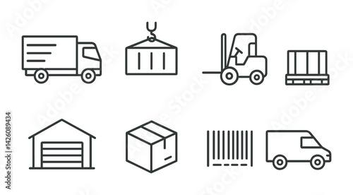 Warehouse and logistics icon set: truck, container, forklift - linear style