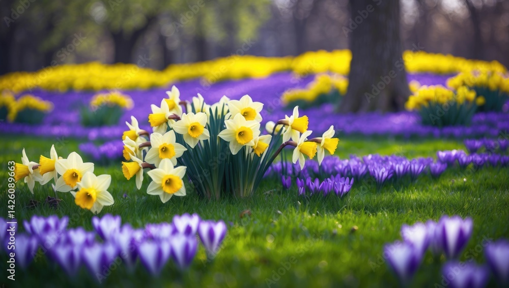 Colorful spring garden featuring blooming yellow daffodils and purple crocuses in lush surroundings Colorful spring garden featuring blooming yellow daffodils and purple crocuses in lush surroundings