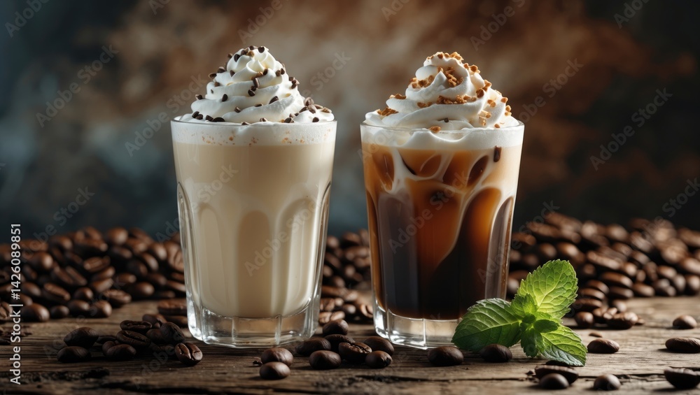 Two glasses of frappuccino with milk and whipped cream Two glasses of frappuccino with milk and whipped cream