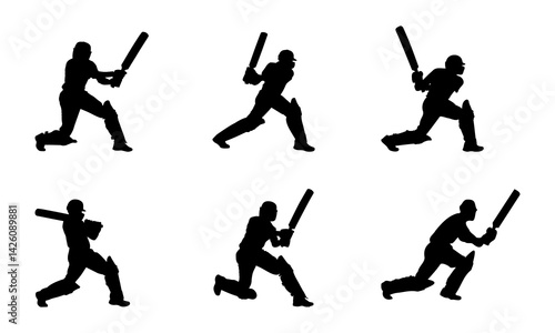 male cricket player silhouette, cricket player silhouette batting pose vector illustration, sports silhouette.