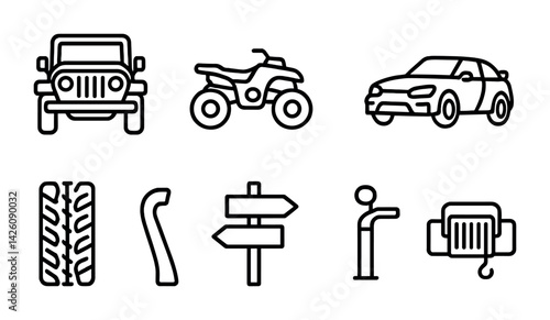 Transportation and vehicles icons set in linear style: cars, motorbikes, signs, tires