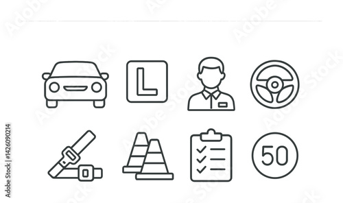 Driving and safety icons set: linear style featuring car, signs, and safety elements