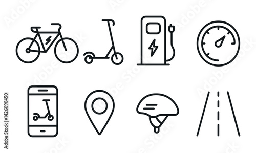 Sustainable transportation icons set: linear style for eco-friendly urban mobility