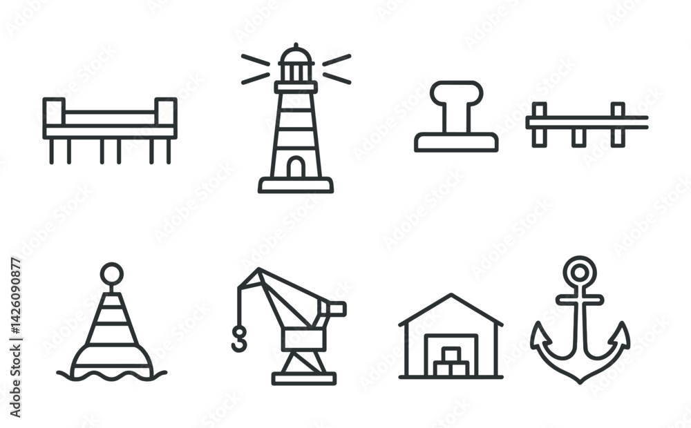 Nautical and marine icons set featuring lighthouse, anchor, and crane in linear style Nautical and marine icons set featuring lighthouse, anchor, and crane in linear style