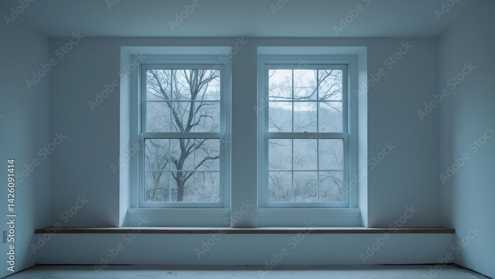 Fototapeta premium Interior view of an empty basement looking up at two windows with branches outside, featuring a white interior and a tree in the background