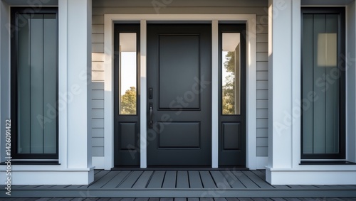 Urban residential scene featuring a modern farmhouse black front door with architectural details