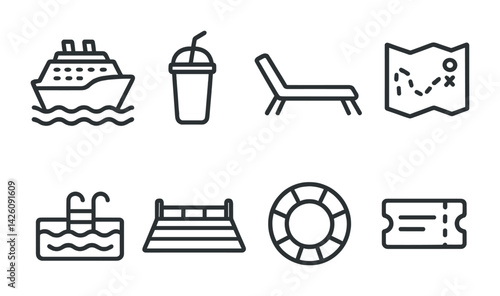 Summer vacation icons set: linear travel and leisure symbols for design projects