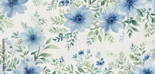 Creamy white background, delicate blue and green watercolor floral pattern  ,  birthday,  wrapping paper,  print