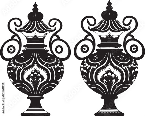 Detailed side by side comparison drawing of an ornate Tibetan ritual vessel with symmetrical design curving floral motifs and a decorative ceremonial lid