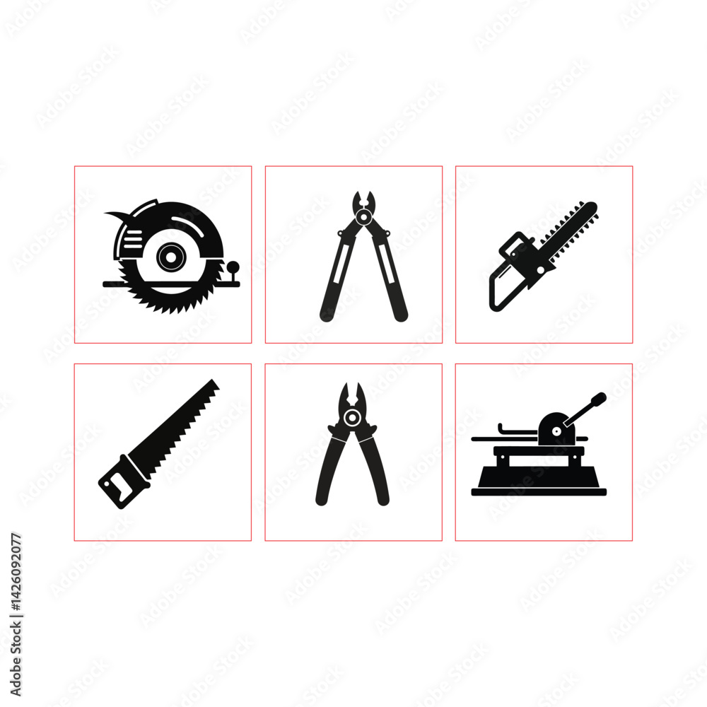 Cutting Tools Silhouette Icon Set – Hand Saw, Chainsaw, Circular Saw, Bolt Cutter, Wire Cutter, Tile Cutter – Construction Equipment Vector Icons Cutting Tools Silhouette Icon Set – Hand Saw, Chainsaw, Circular Saw, Bolt Cutter, Wire Cutter, Tile Cutter – Construction Equipment Vector Icons