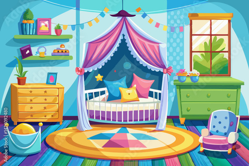 vector of Baby room, bedding, pillows and quilts, bright interior, accessories, isolated white baby bed with canopy in background.