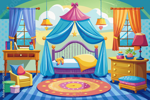 vector of Baby room, bedding, pillows and quilts, bright interior, accessories, isolated white baby bed with canopy in background.