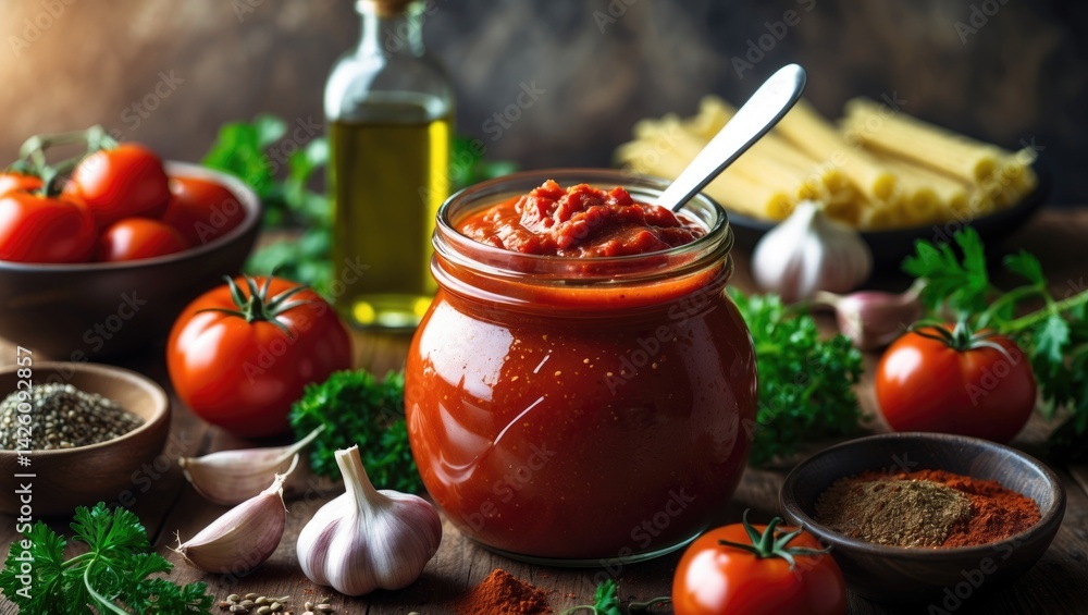 Glass jar of tomato sauce with ingredients for cooking Glass jar of tomato sauce with ingredients for cooking