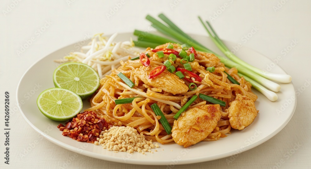 Horizontal composition: Pad Thai with chicken centered, surrounded by lime, chili, peanuts, scallions; light background, soft lighting. Horizontal composition: Pad Thai with chicken centered, surrounded by lime, chili, peanuts, scallions; light background, soft lighting.