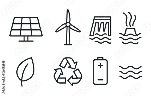Eco energy icons set: renewable sources in minimalistic line style