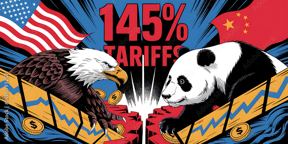 Fototapeta premium Eagle and panda face off amidst flags and financial charts symbolizing a tense economic trade relationship.