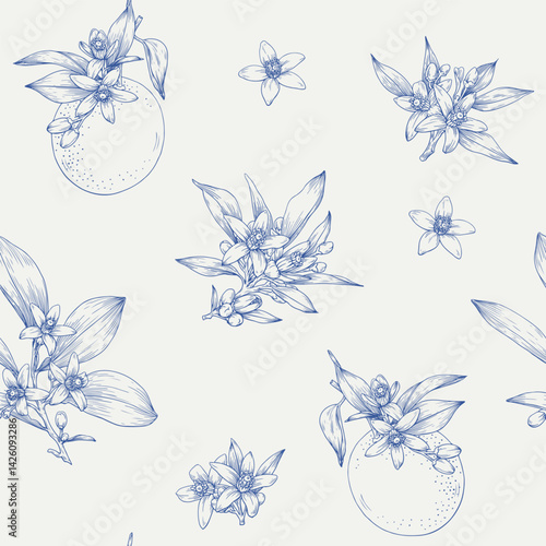 Neroli flowering twigs orange, floral seamless pattern. Hand drawn Citrus flowers branch. Blue beige Toile vector botanical illustration for design cosmetic, perfumery, package. Medicinal plant