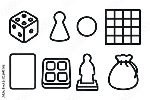 Game elements icon set: linear style board game pieces and accessories