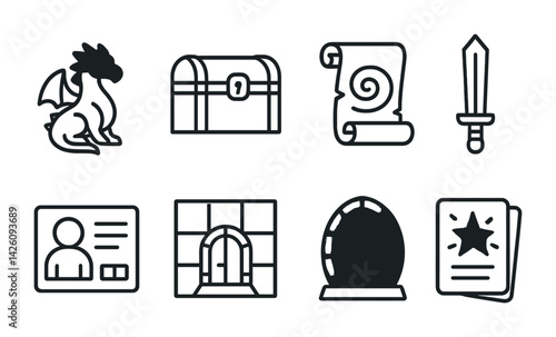 Fantasy adventure icon set: dragon, treasure, scroll, sword, id, door, portal, cards | linear style