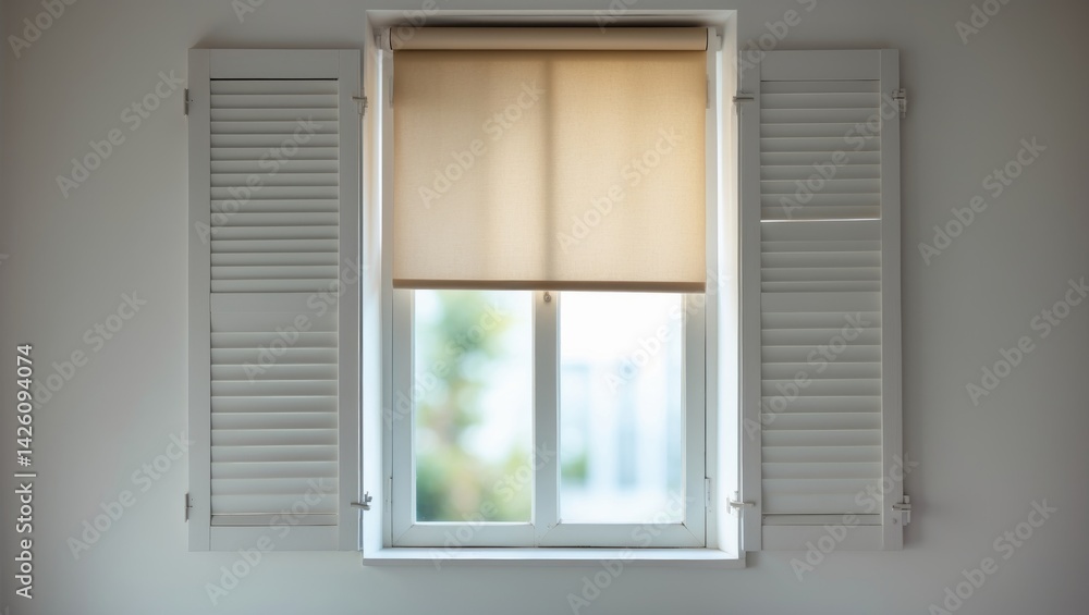 White plastic window with beige blackout roller shutter and window shutters White plastic window with beige blackout roller shutter and window shutters
