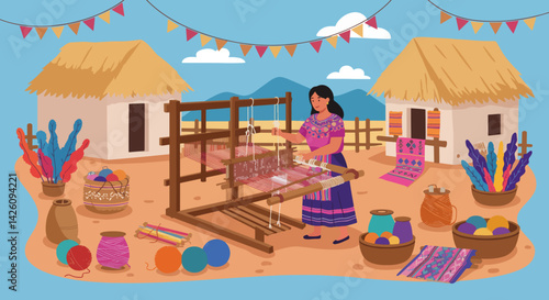 Woman weaving fabric in traditional village against blue sky  