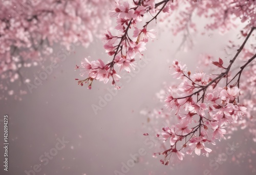 Delicate pink sakura petals drift down, soft focus background, spring bloom ,  blurry,  cherry,  artistic