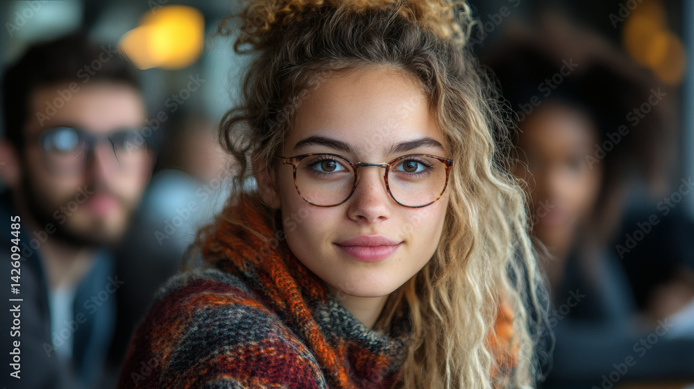 Portrait of a young woman with curly hair and glasses in a casual setting with people blurred behind her Portrait of a young woman with curly hair and glasses in a casual setting with people blurred behind her
