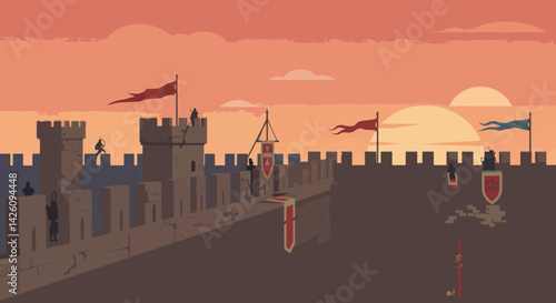 Medieval castle at sunset with banners and guards  