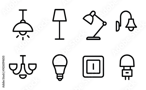 Minimalist linear lighting icons set: lamps, bulb, switch, sconce, chandelier