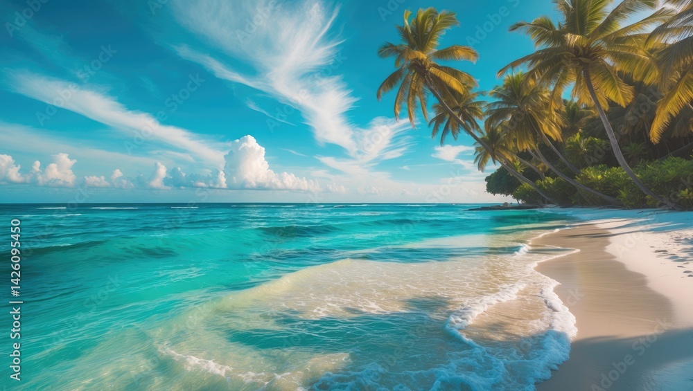 Serene closeup of calm sea water waves with palm trees on a tropical island beach landscape, an exotic shore coast. Relaxing paradise scene. Serene closeup of calm sea water waves with palm trees on a tropical island beach landscape, an exotic shore coast. Relaxing paradise scene.