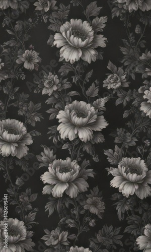 Elegant charcoal floral wallpaper  Small scale repeat with vintage charm , print, dark grey, beauty