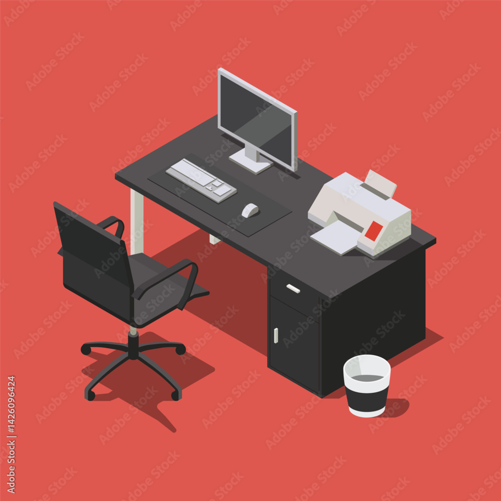 Fototapeta premium Isometric office desk with computer and printer